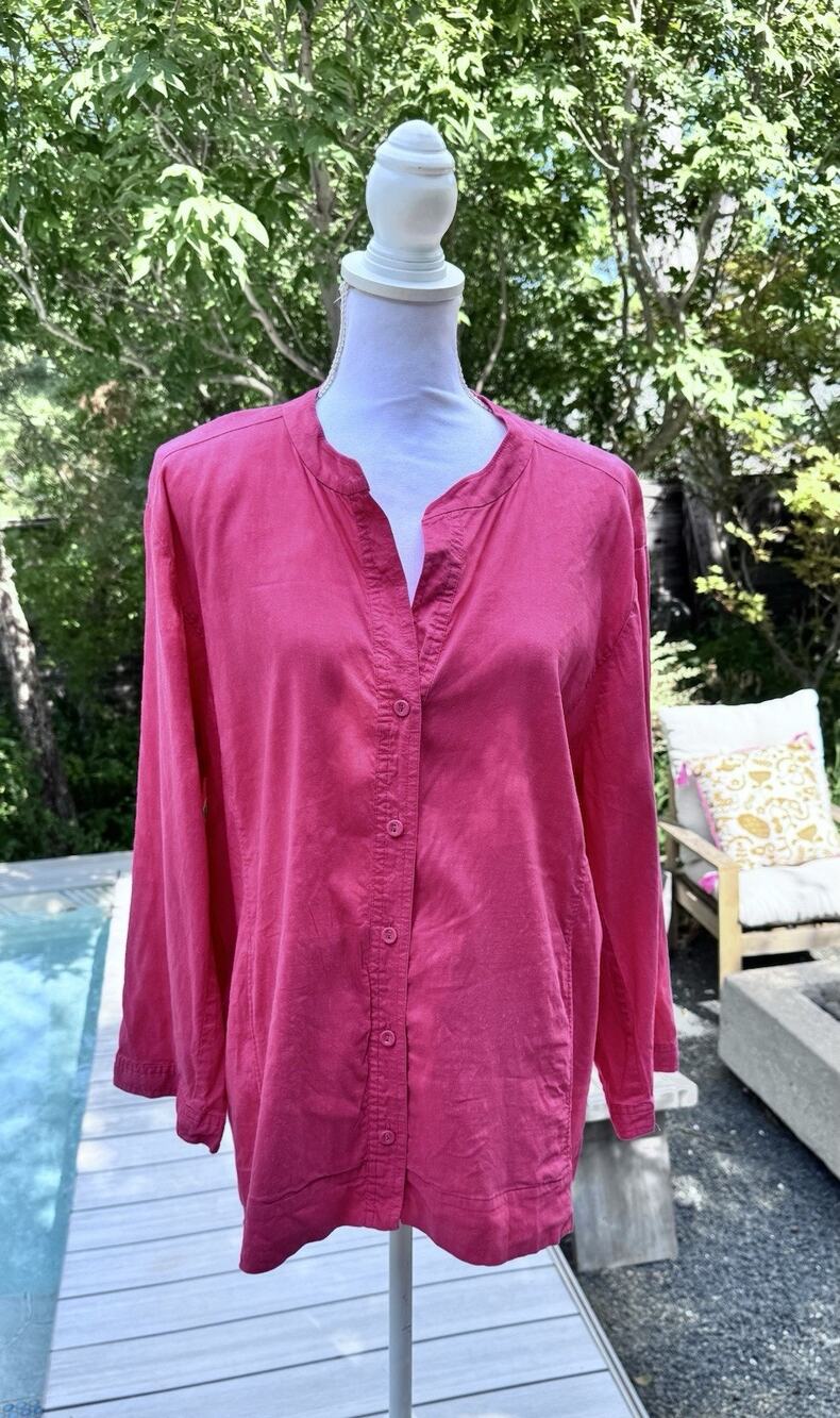 Eileen Fisher Tunic Top XL Pink Fuchsia Long Sleeve Button Front Linen Blend